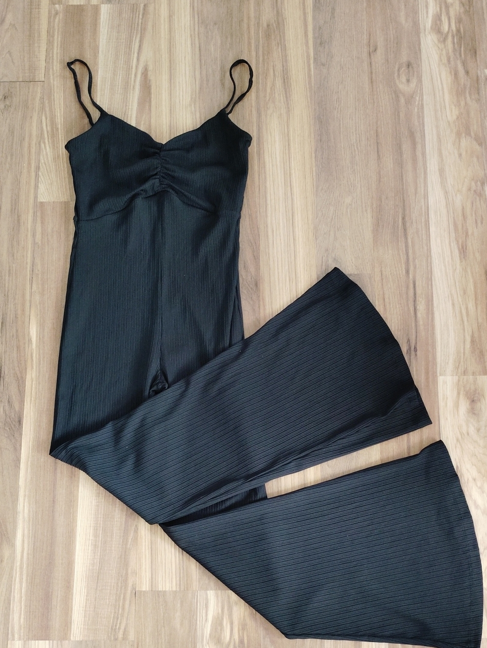Bershka Black Ribbed Spaghetti-Strap Jumpsuit